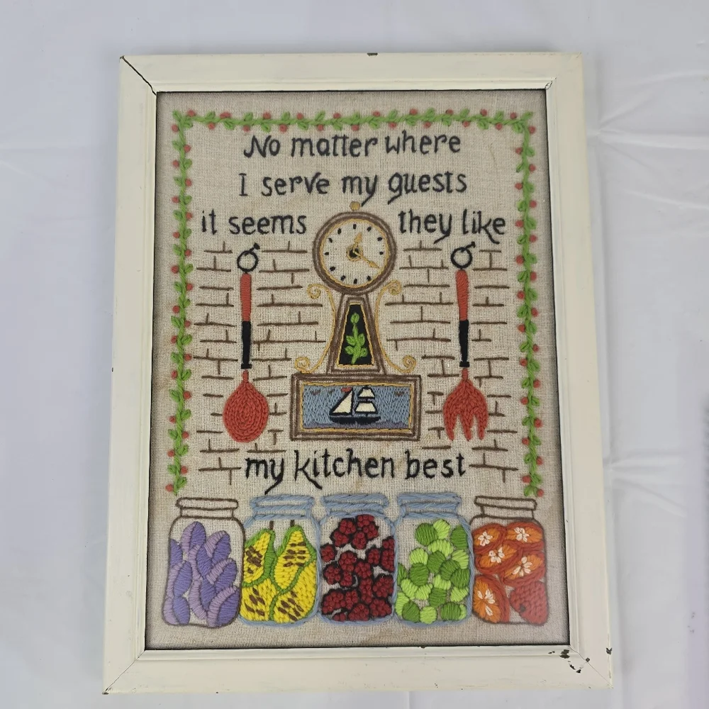 Vintage Framed Crewel Wall Art Kitchen Retro Cottage Farmhouse - Picture 1 of 10